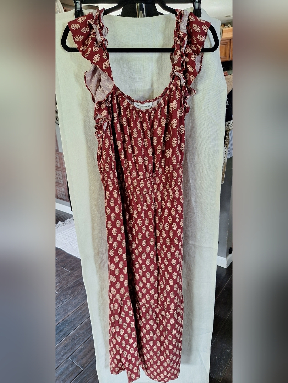 Lucky Brand Boho Maxi Dress 3X Burgundy Floral Ruffle Strap Flowy